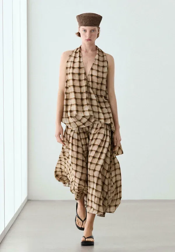 Топ асимметричный Flowing check print wrap Massimo Dutti, brown, коричневый — фото 2
