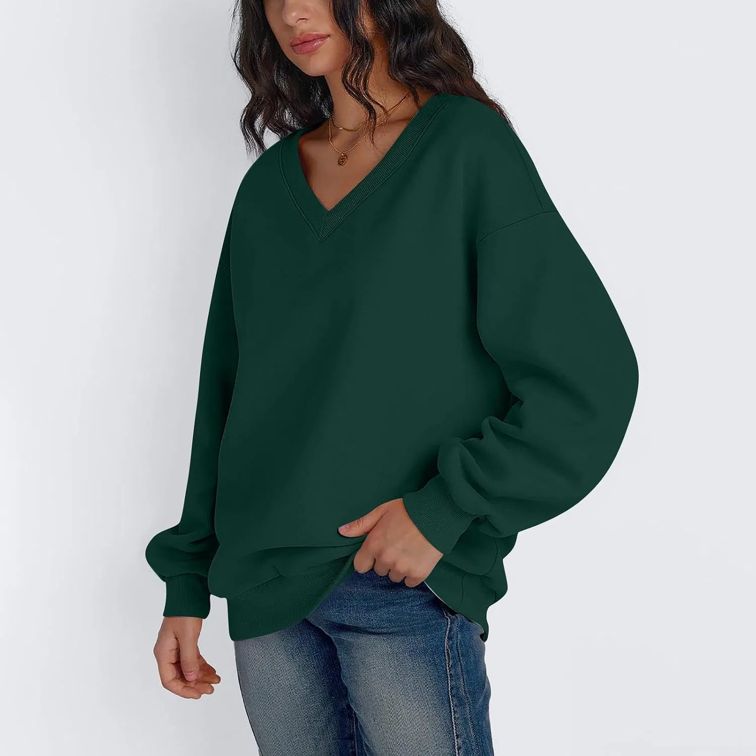 Женский свитшот оверсайз с V-образным вырезом, 03-dark Green — фото 4