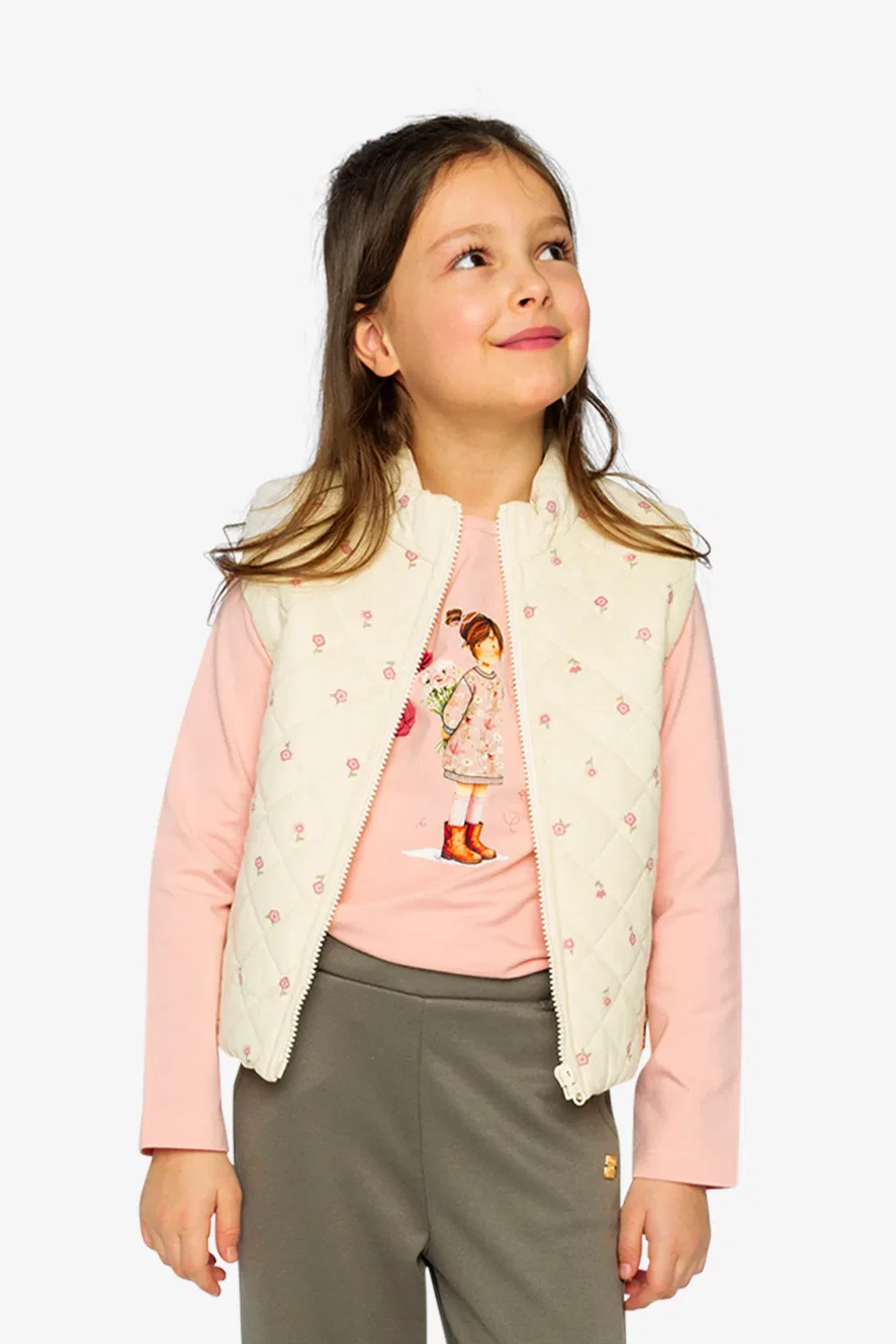 Детский стеганый жилет из вельвета с цветочным принтом Corduroy Puffy Vest Deux par Deux, Beige Floral Print — фото 2