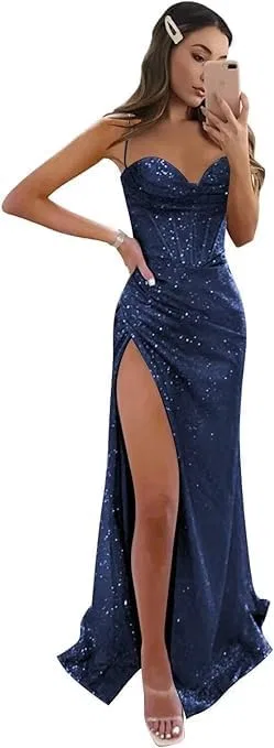 Женское блестящее платье-русалка с корсетом и разрезом, Navy Blue