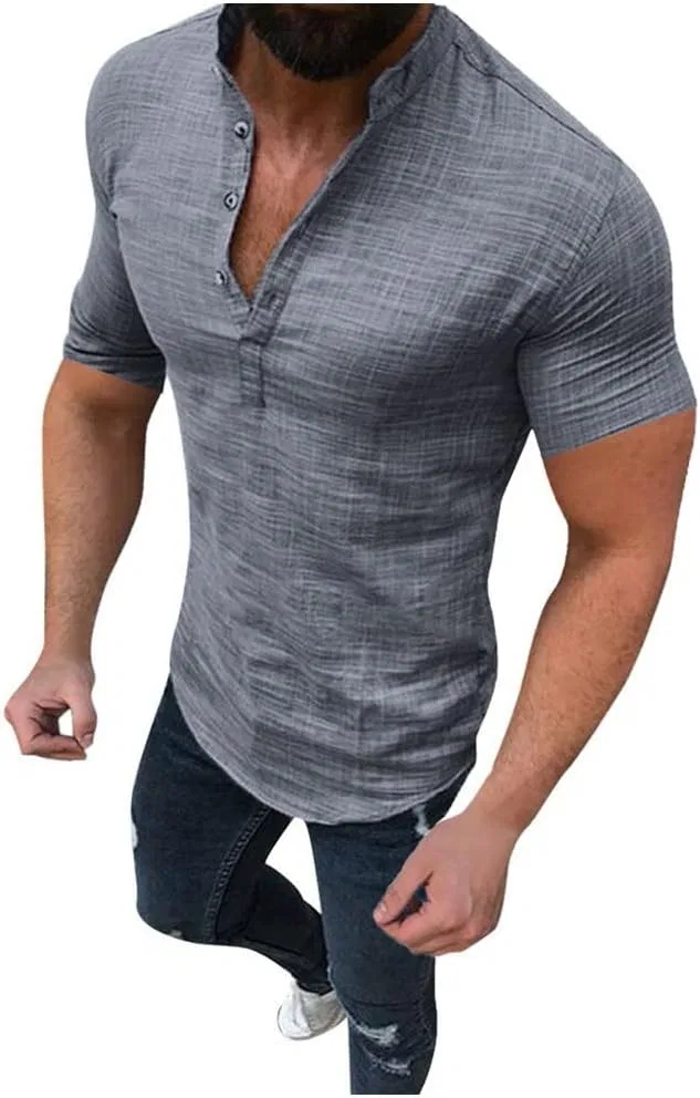 Мужская футболка с V-образным вырезом, льняная, Hippie Casual, Grey