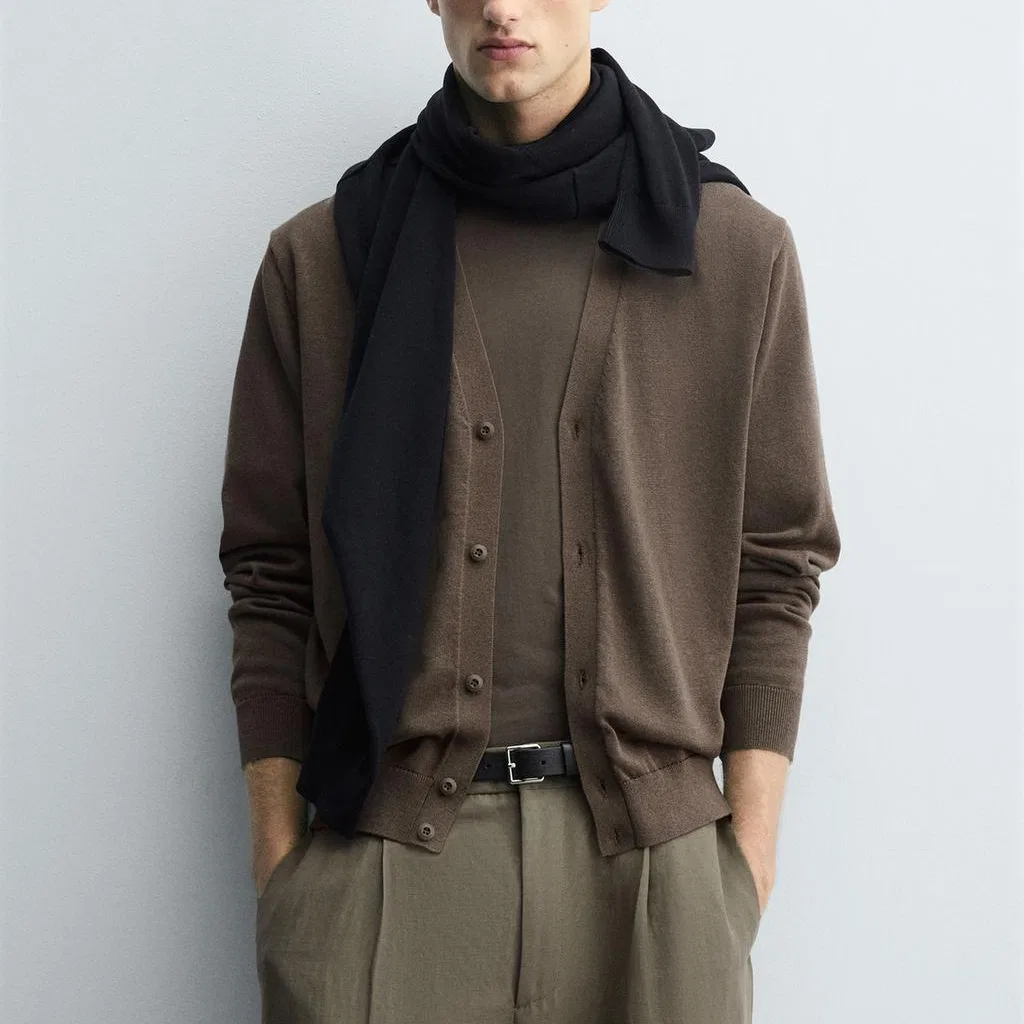Мужской кардиган с V-образным вырезом, серо-коричневый, ZARA, Gray Brown — фото 4