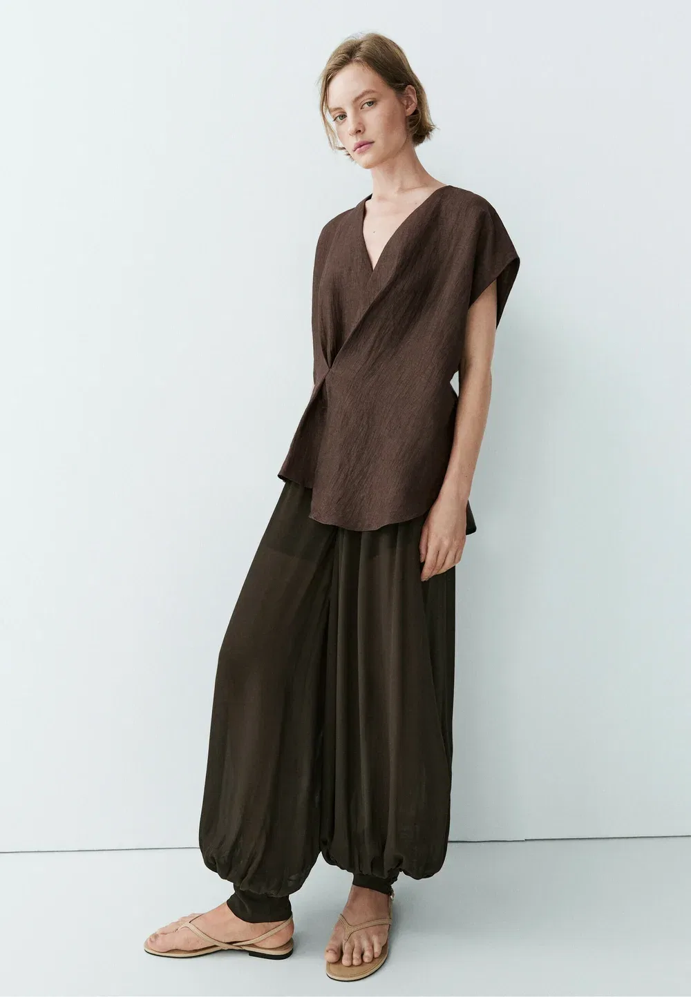 Свободная кимоно-блузка из льняной смеси с перекрестным кроем Massimo Dutti, Dark Brown