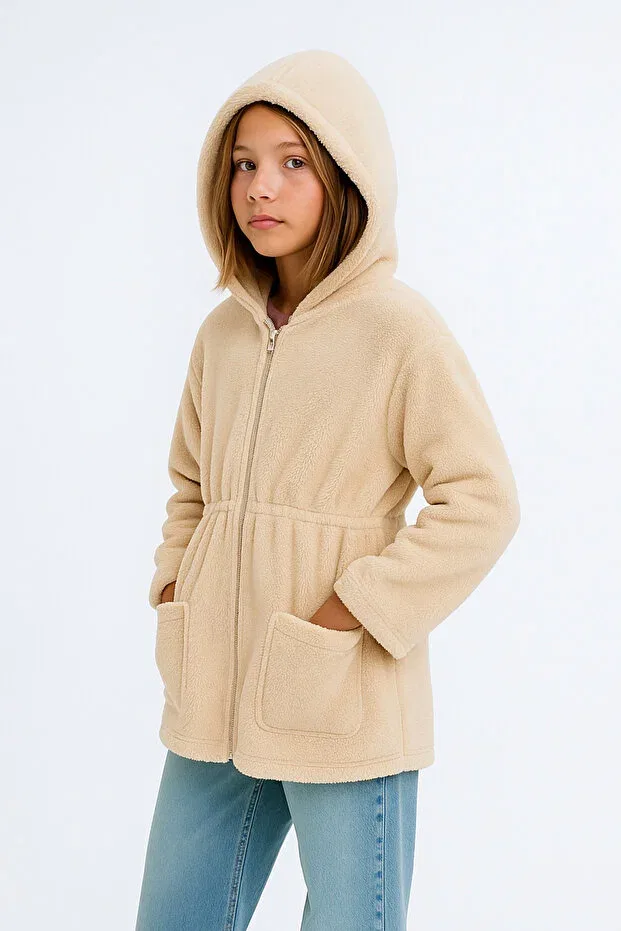 Детская куртка для девочек плюшевое с капюшоном Esila Kids, Beige — фото 3