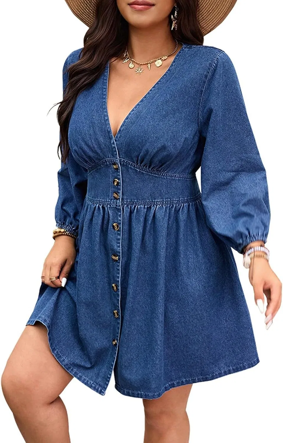 Женское джинсовое платье с V-образным вырезом A-line, Blue — фото 2