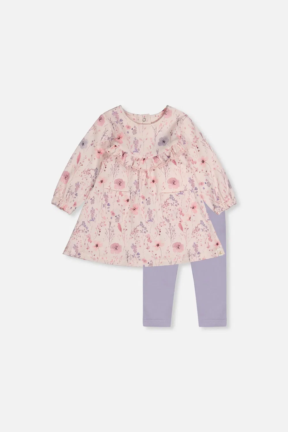 Детское платье-трапеция с длинным рукавом комплект с леггинсами Pink Printed Flowers Deux par Deux, Pink Printed Flowers