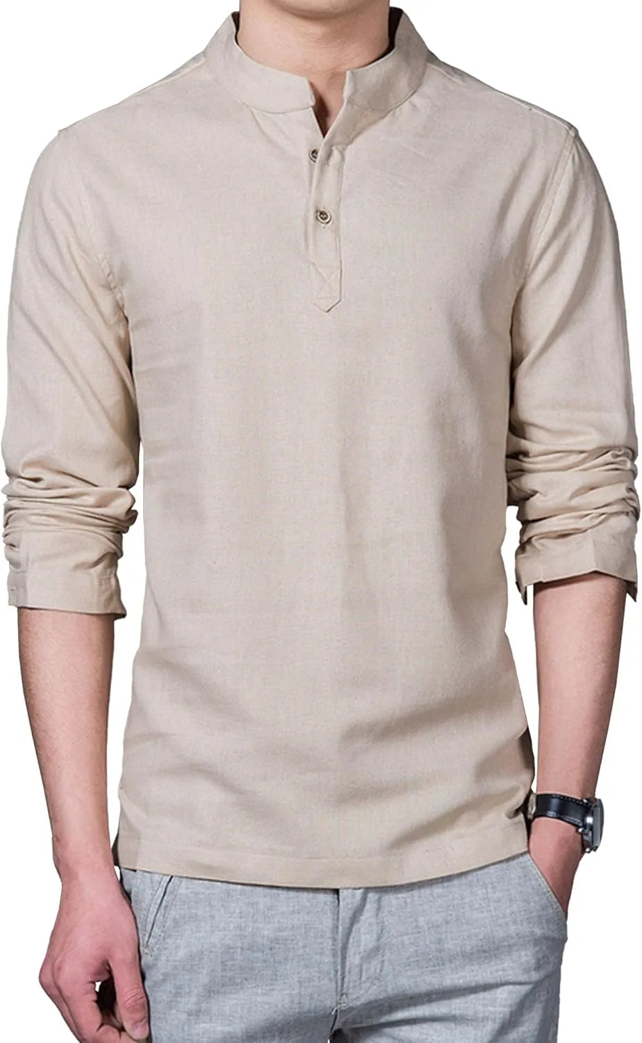 

Мужская рубашка Maiyifu-GJ Casual Linen Cotton Henley с длинным рукавом