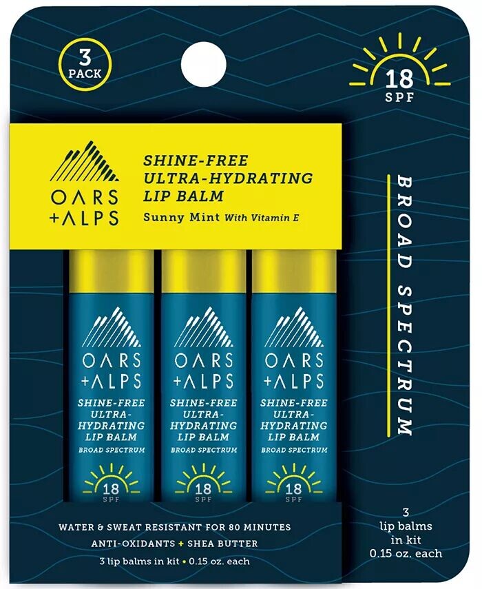 

Ультраувлажняющий бальзам для губ без блеска SPF 18, 3 шт Oars + Alps
