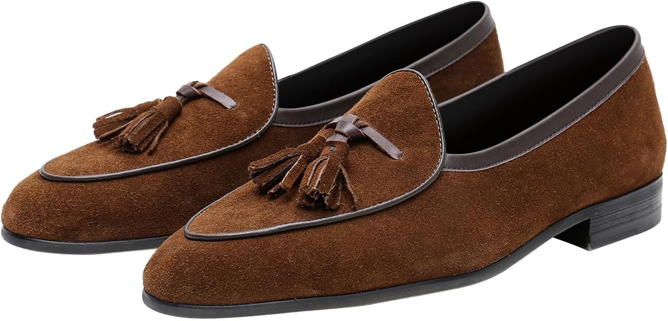 

Мужские замшевые лоферы с кисточками Santimon - обувь без шнурков для повседневной носки, бизнеса, свадьбы и выпускного - современные лоферы-пенни для костюмов и смокинга, коричневый