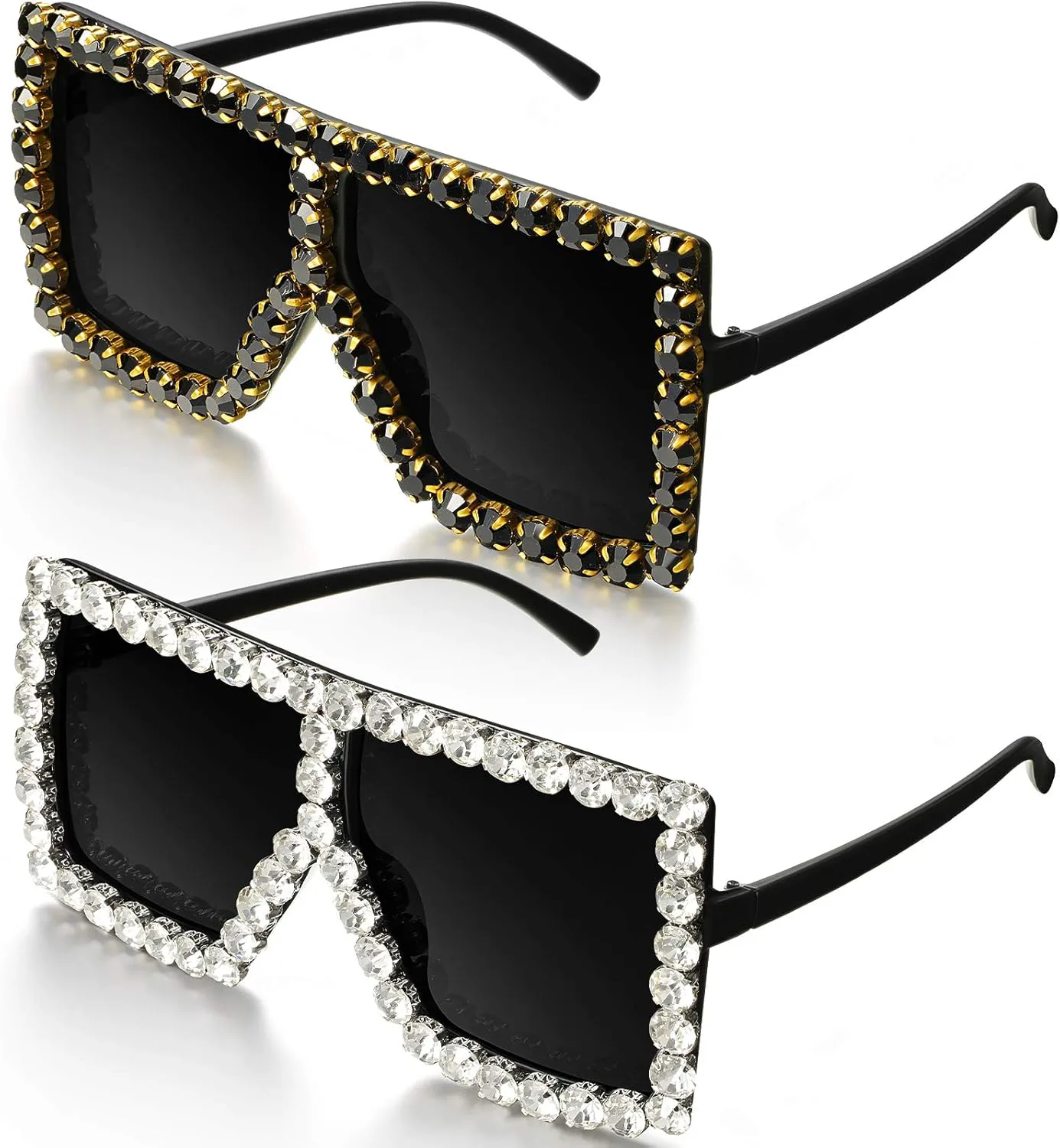 

Солнцезащитные очки Weewooday, 2 пары, большие квадратные, с кристаллами, плоская верхняя часть, ретро, ​​толстая оправа, блестящие очки для женщин и мужчин, Black
