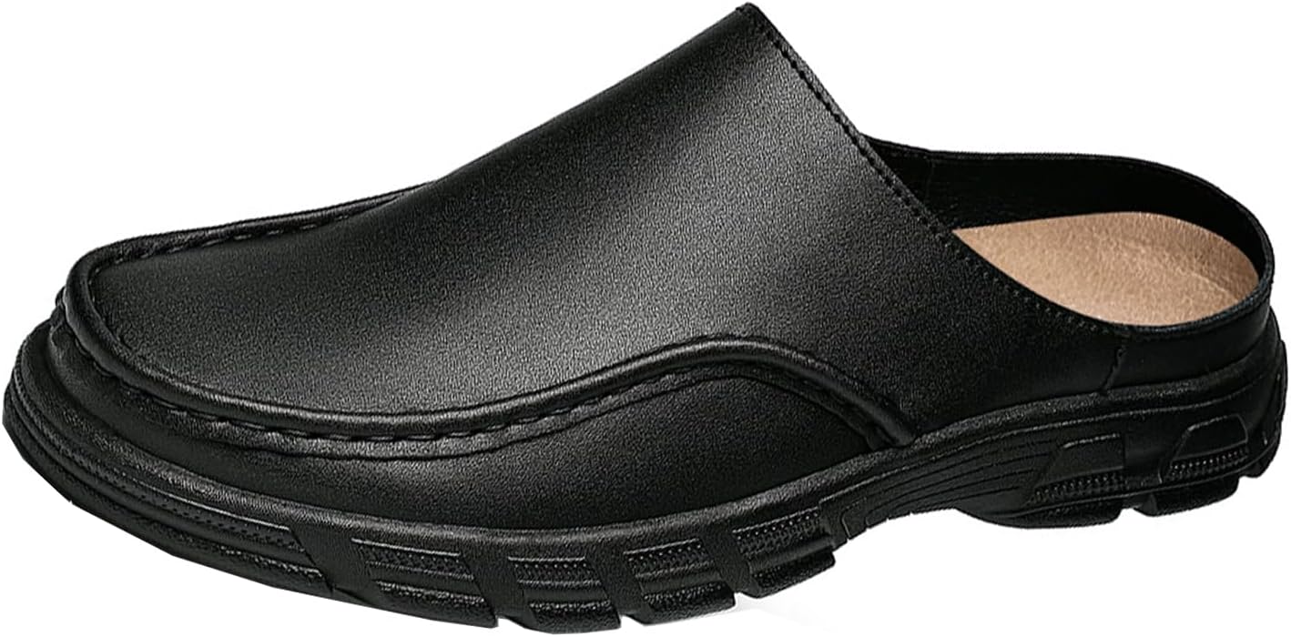 

Мужские туфли-мулы из натуральной кожи с протекторной подошвой, удобные, с широким круглым носком, мягкой подошвой, не скользящие, на платформе, повседневные сандалии для офиса и прогулок Nejkg, черный