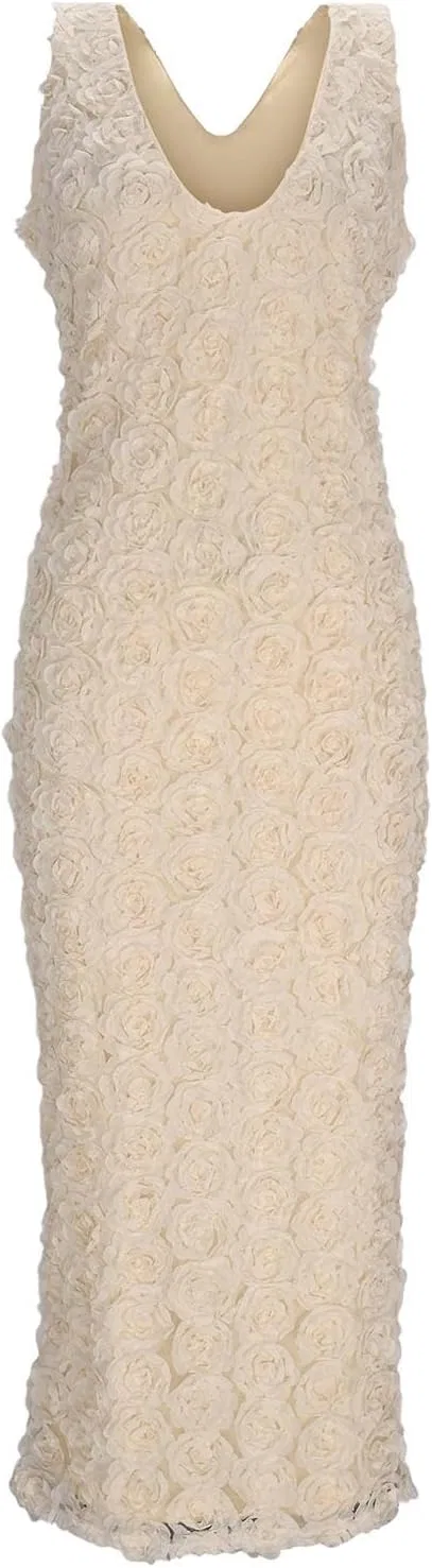 Женское макси-платье с рюшами V-образным вырезом, Beige — фото 3