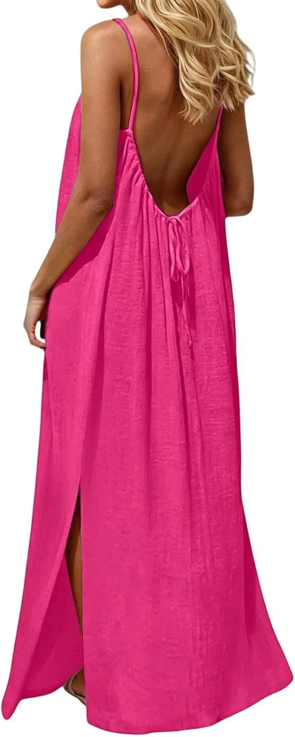 Женское повседневное открытое пляжное платье-макси на бретелях, Hot Pink