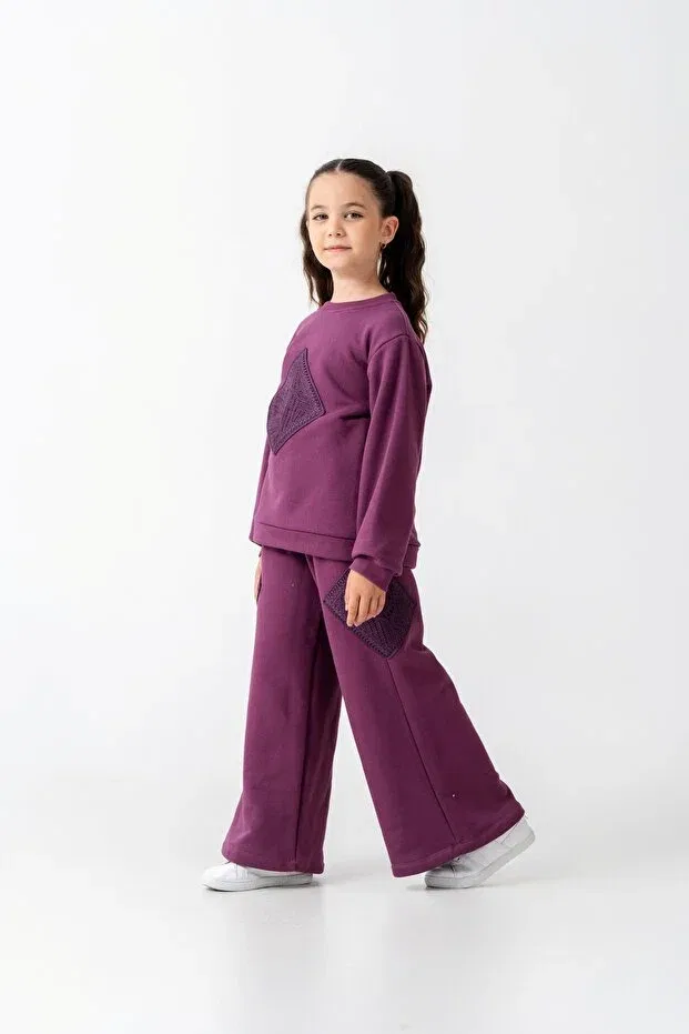 Детский комплект для девочек из футера с принтом Flared Piece Tracksuit Set Harika Kids, Purple — фото 3