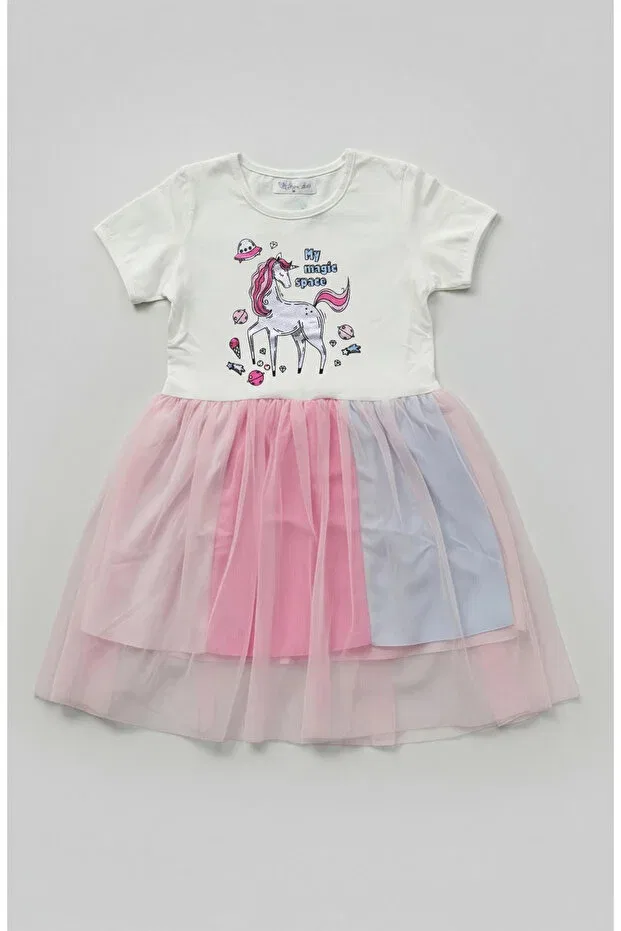 Детское платье из футера с принтом Colorful Tulle Combed Cotton Dress Beray Bebe, Ecru — фото 2