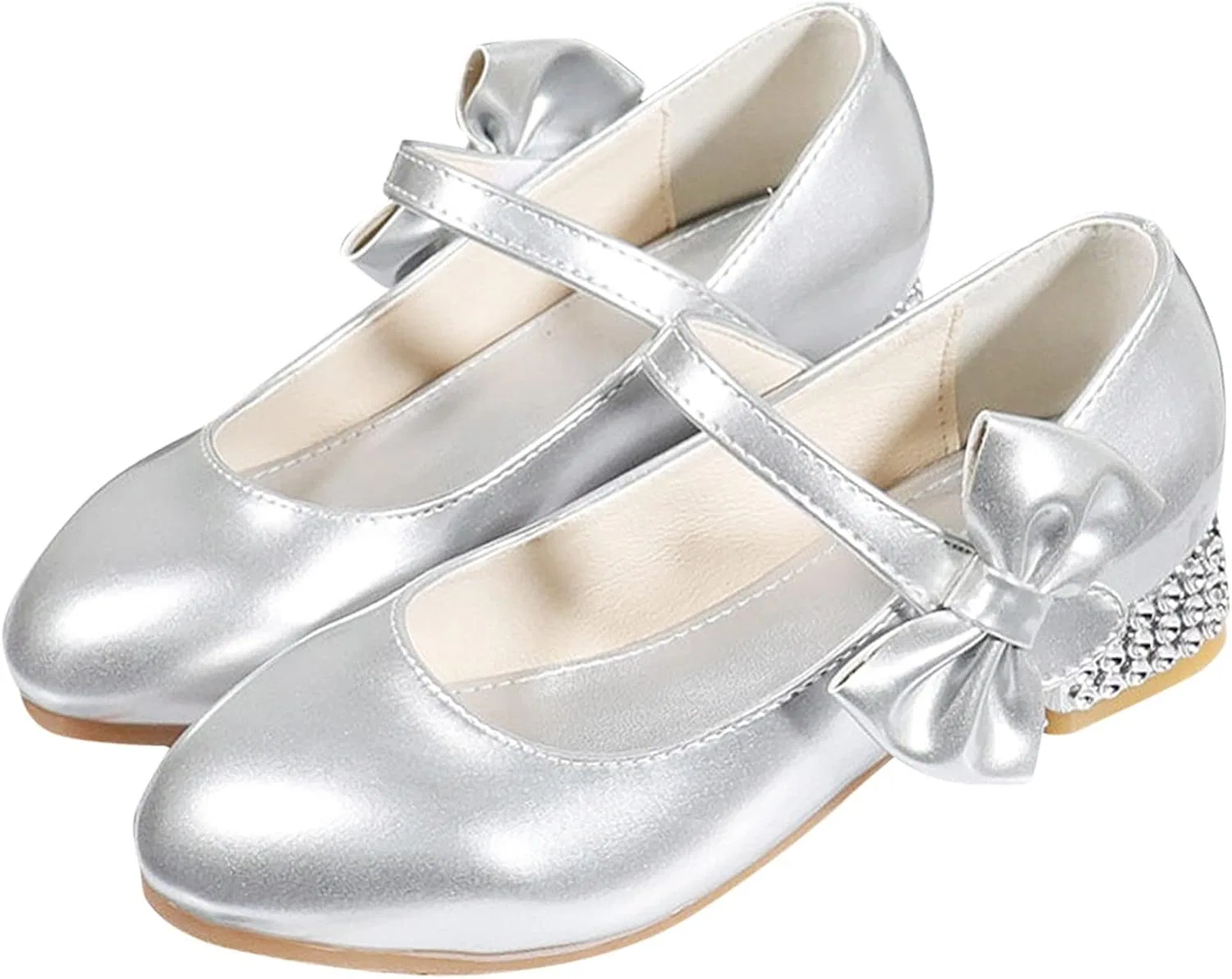 Детские туфли для девочек с бантом Mary Jane Flat Princess Wedding Party Bowknot Child Little/Big Kids School Low Heel Rhinestone Egmy, Silver — фото 3