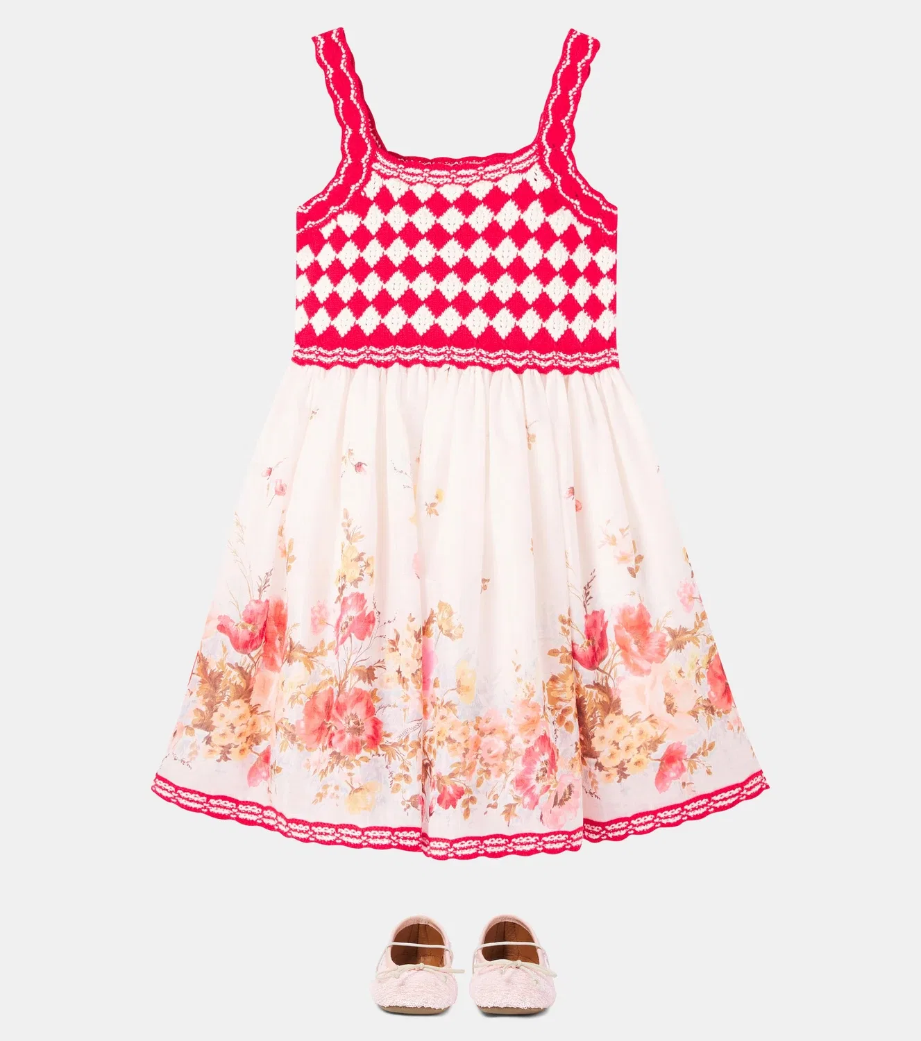 Платье хлопковое с цветочным рисунком Zimmermann Kids, красный — фото 2