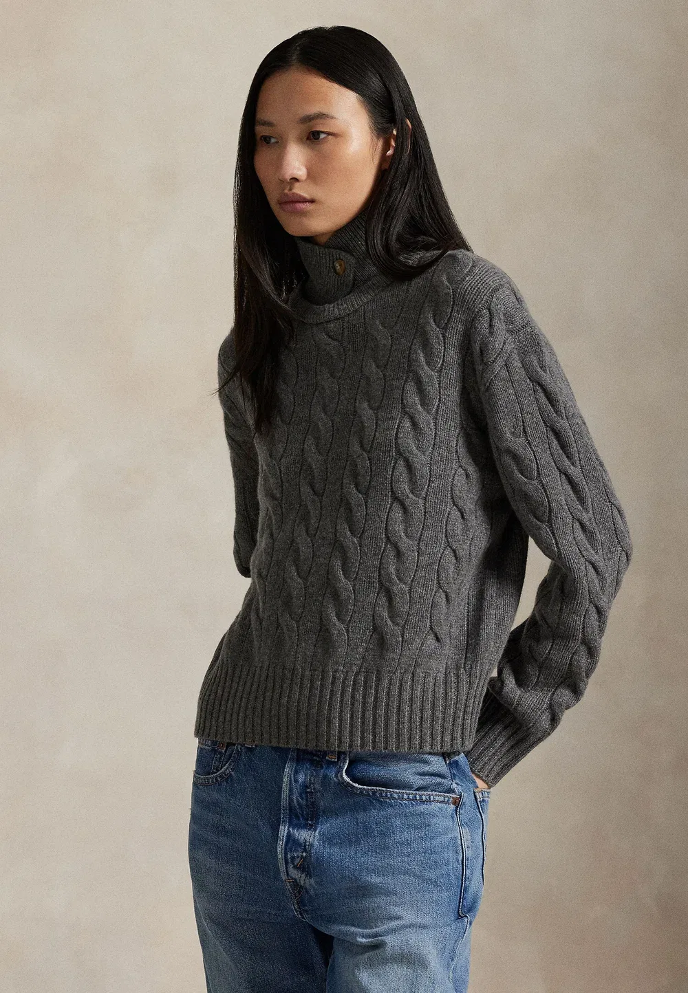 Свитер-Поло из шерсти и кашемира крупной вязки Polo Ralph Lauren, Flannel Grey Heather