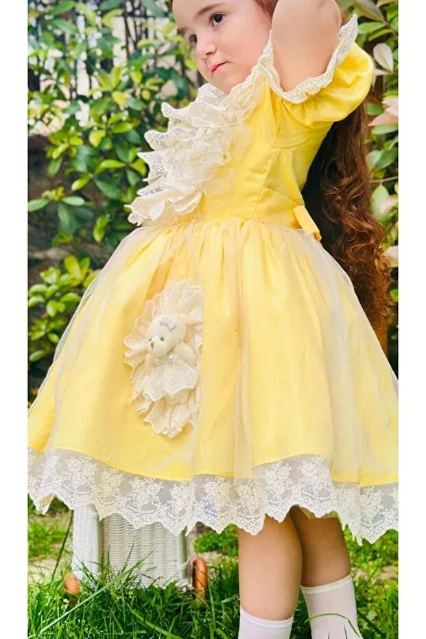 Детское платье для девочек с принтом Yellow Teddy Bear Print Hly Karol Tasarım, Yellow — фото 4