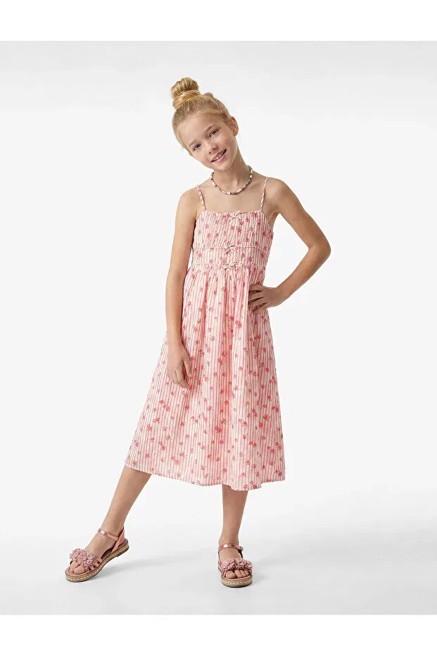 Детское платье для девочек с цветочным принтом, A-Line viscose blend strappy floral midi dress Koton, Pink Patterned