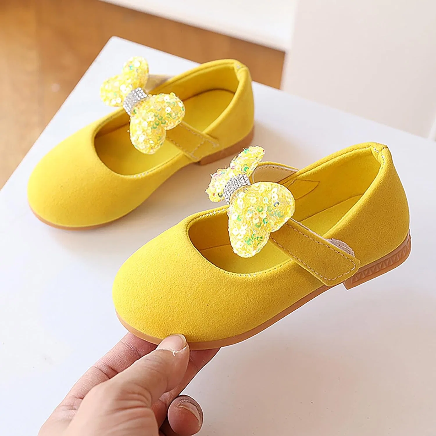 Детские туфли для девочек с блестящим бантом Мэри Джейн, Yellow — фото 3