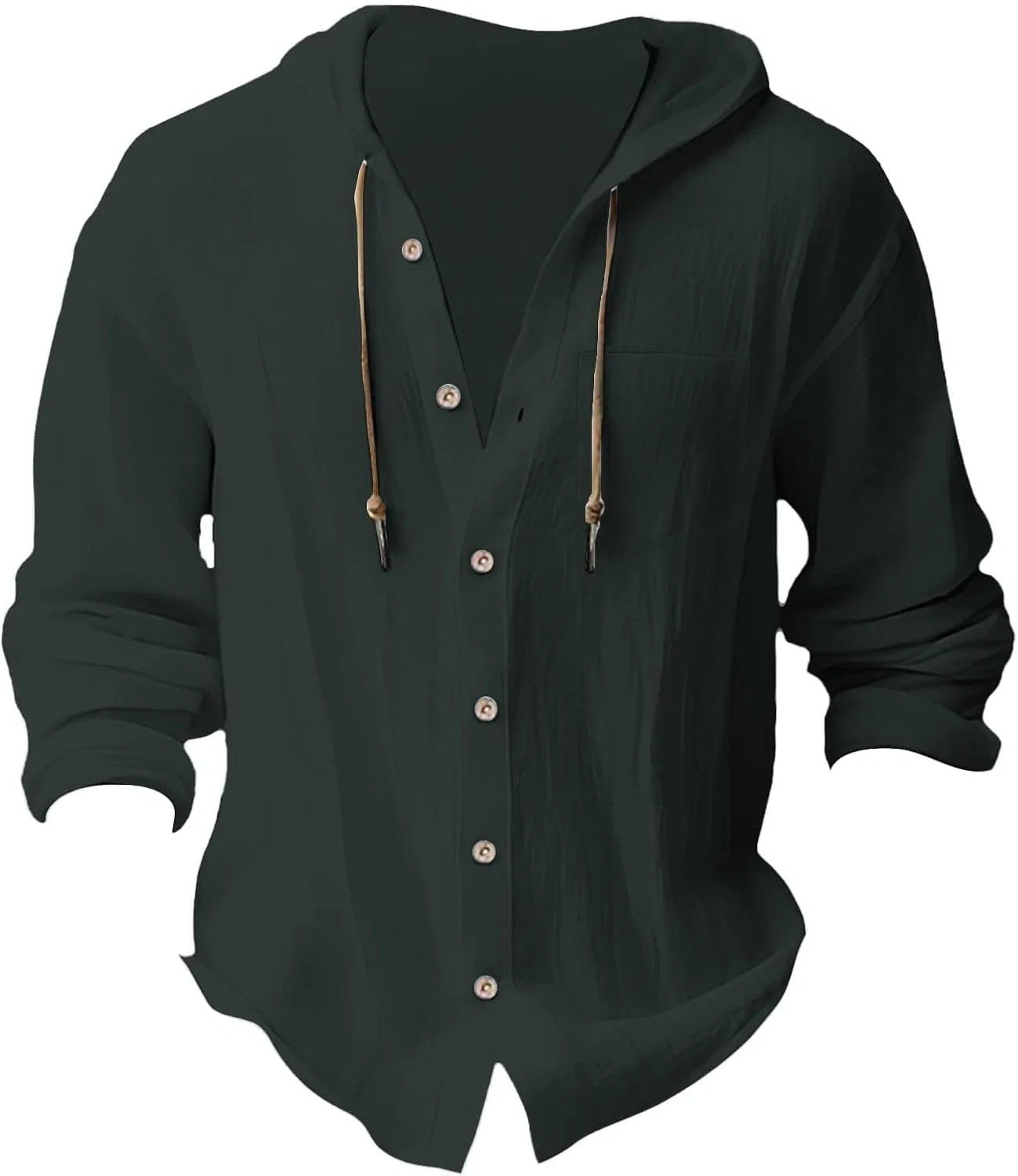 Мужская льняная рубашка с капюшоном Long Sleeve Cotton Linen Hoodies, Dark Green — фото 4