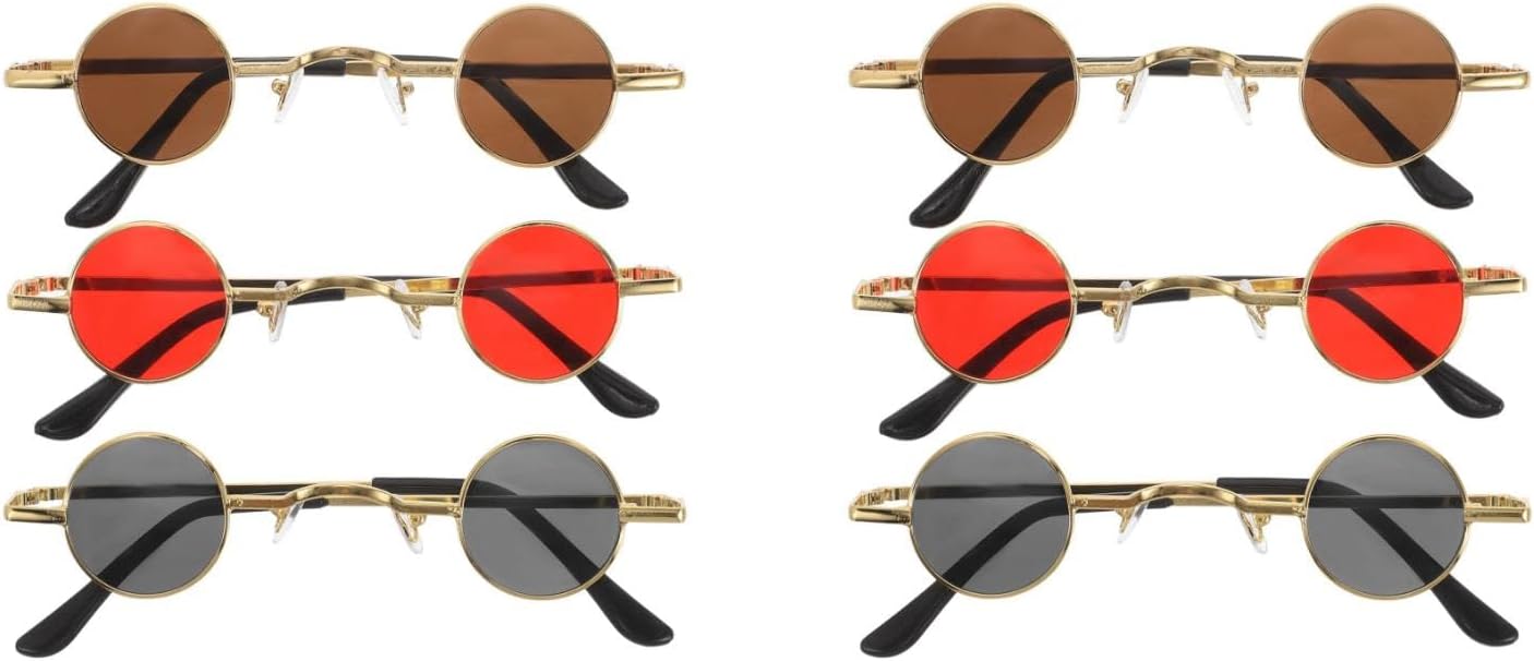 

LUOZZY 6 шт. Ретро стимпанк круглые винтажные солнцезащитные очки в золотой оправе с серыми, красными и коричневыми линзами, готические, хиппи, модные очки для женщин и мужчин, Multicolored