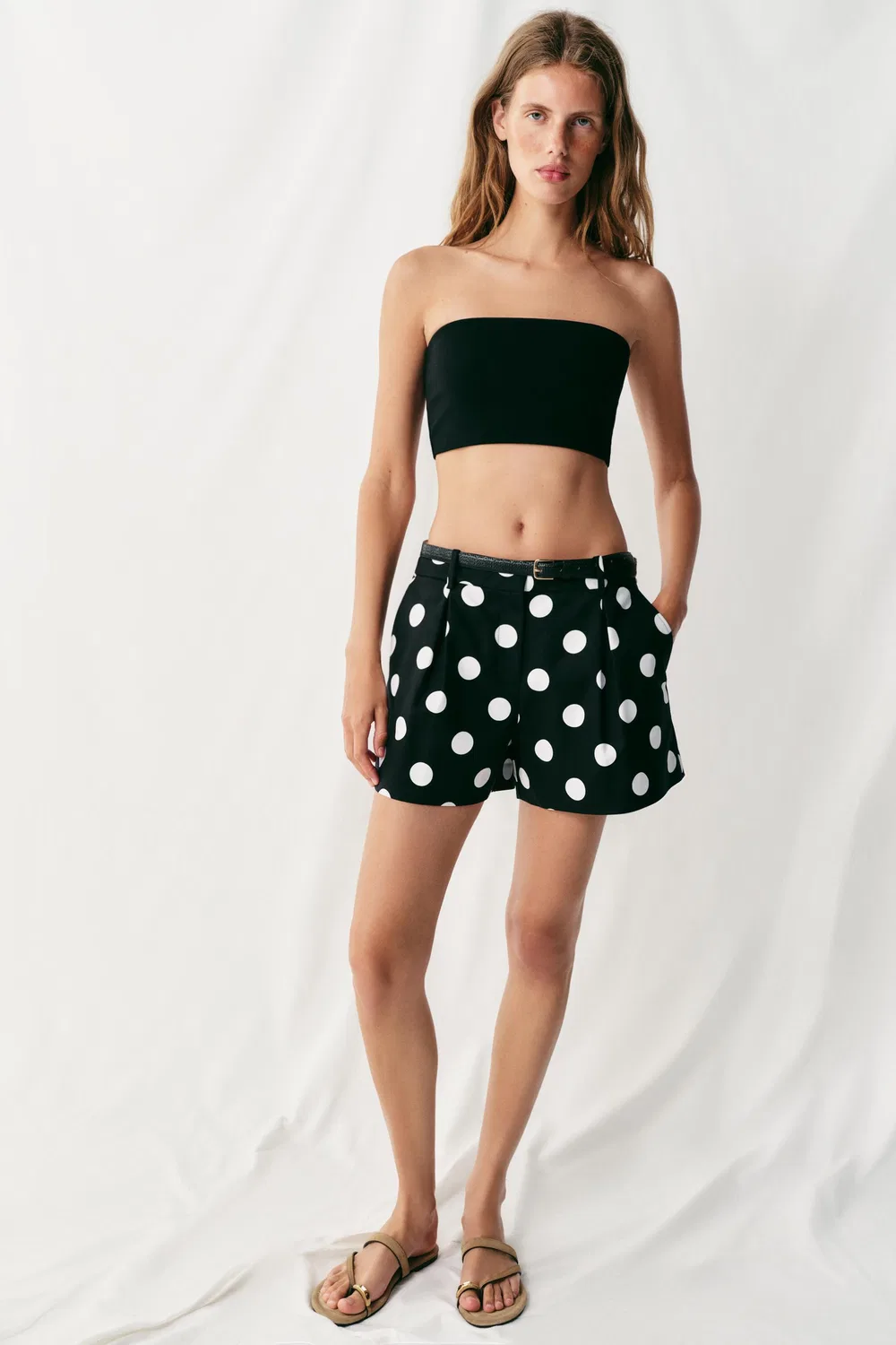 Бермудские шорты в горошек с поясом ZARA, Black/White