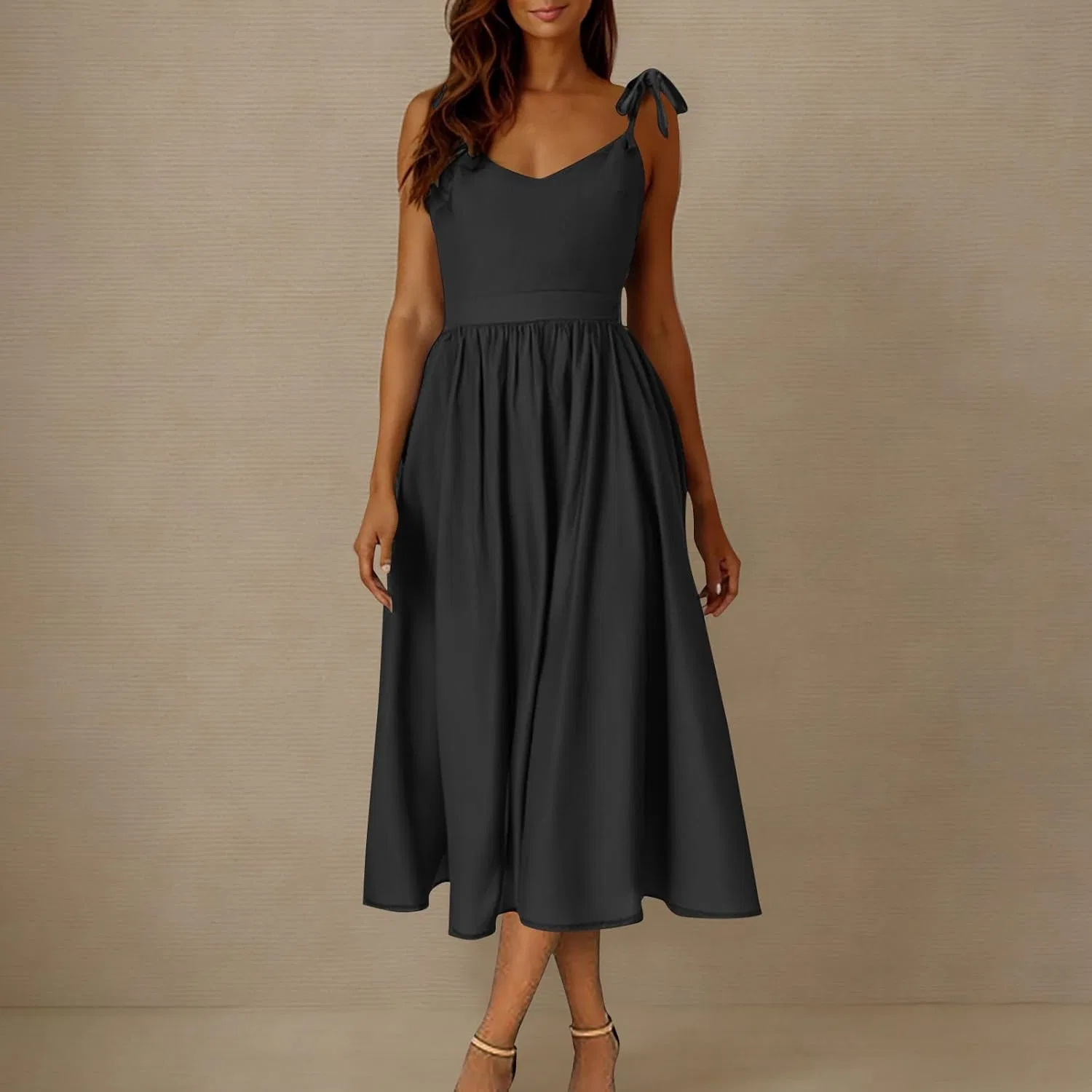 Женское летнее платье A-line с кружевной шнуровкой Black Dresses for Women Elegant Lace-Up Cami Long Dress, Black — фото 3
