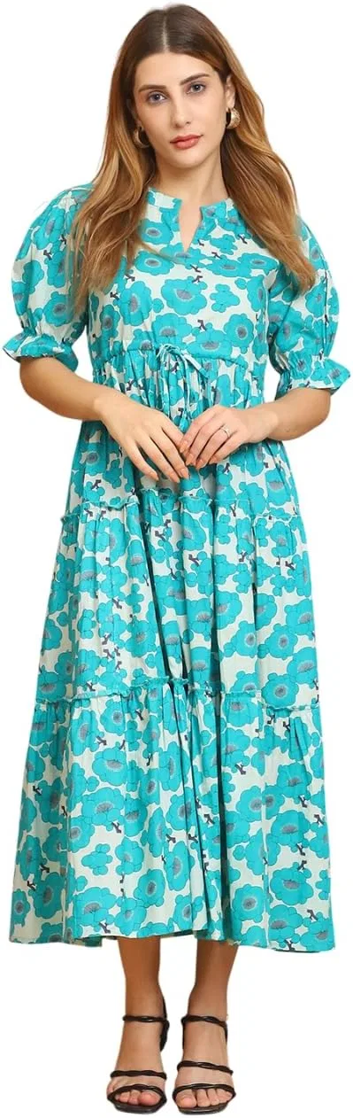 Женское платье миди с принтом CJNAMHA, Blue Floral