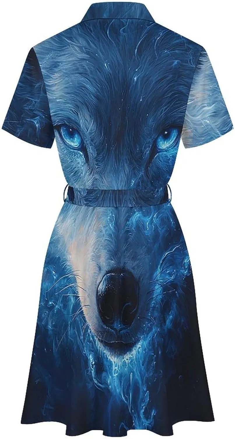 Женское летнее платье-рубашка на пуговицах с поясом Wolf Blue Flaming, White — фото 4
