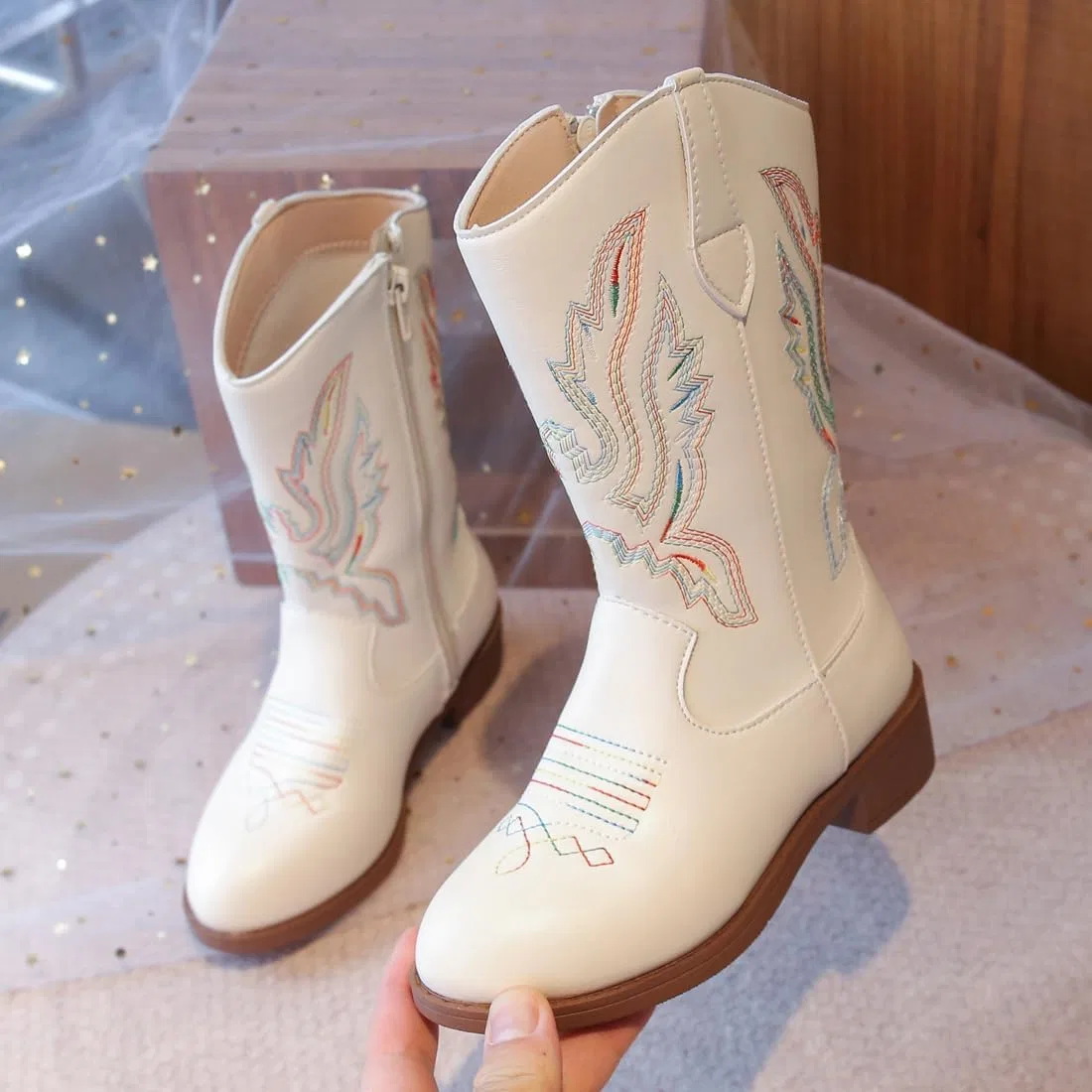 Детские сапоги-казаки с блестками Cowboy Boots для мальчиков и девочек kkdom, Beige Leather — фото 3