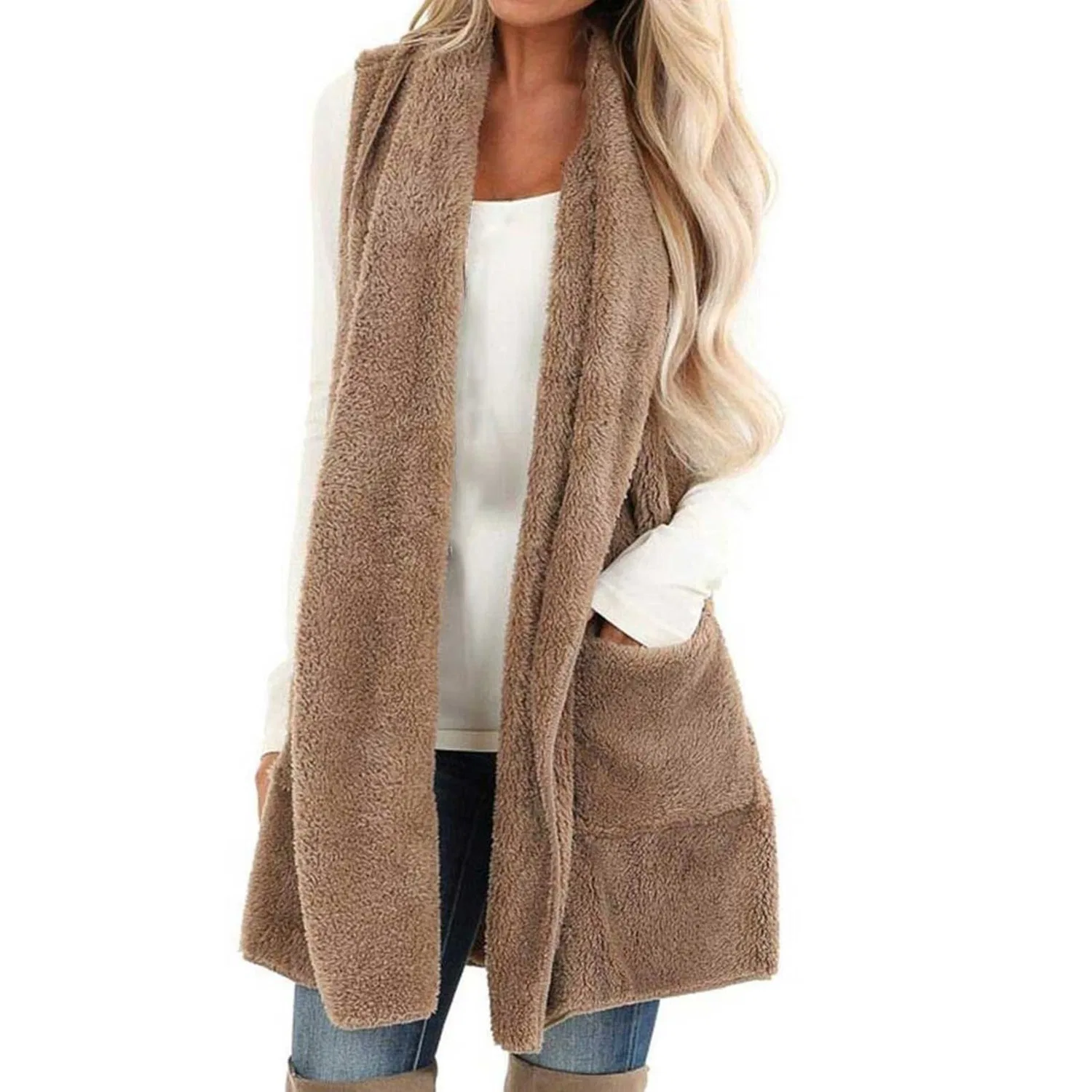 Женский безрукавный жилет из флиса Cozy Shawl Soft Cardigan Jacket Western, cachi