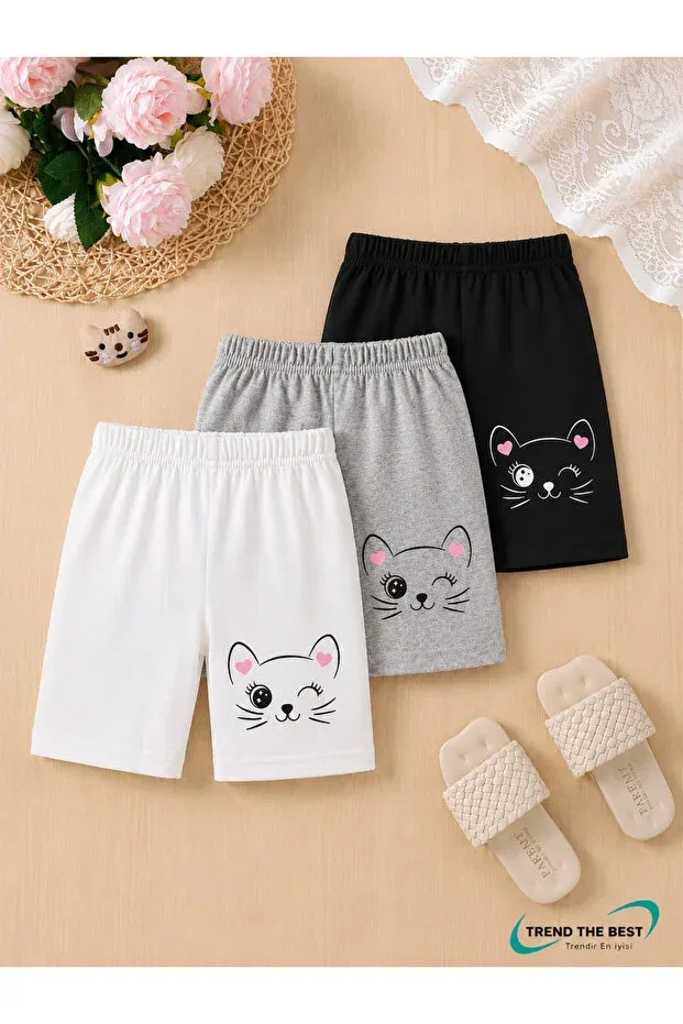 Детские шорты для девочек с принтом Summer winking pink heart eared cat printed girls' shorts Trend The Best Trendin En Iyisi, Multicolor