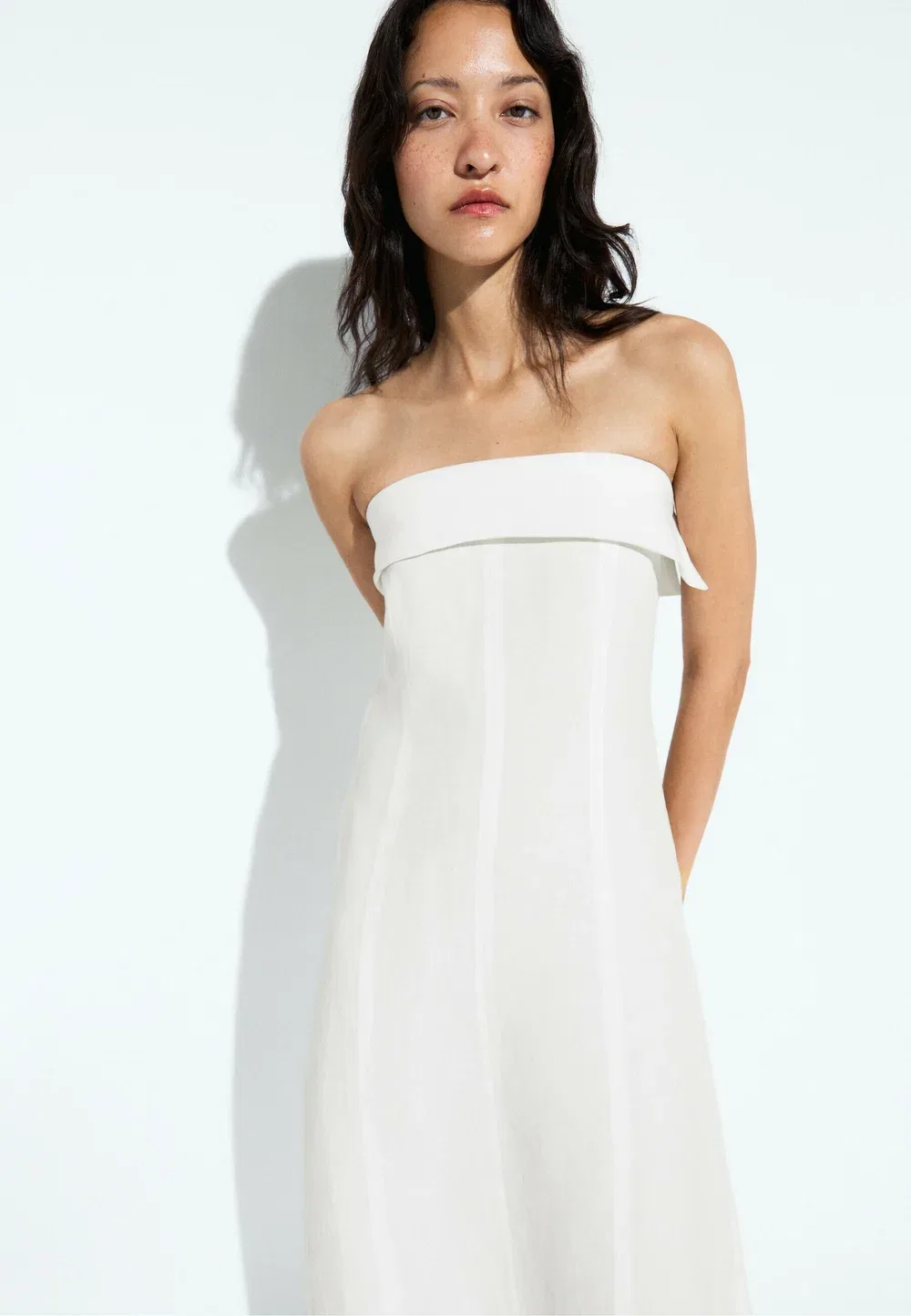Льняное платье миди без бретелей - повседневное платье Massimo Dutti, White — фото 2