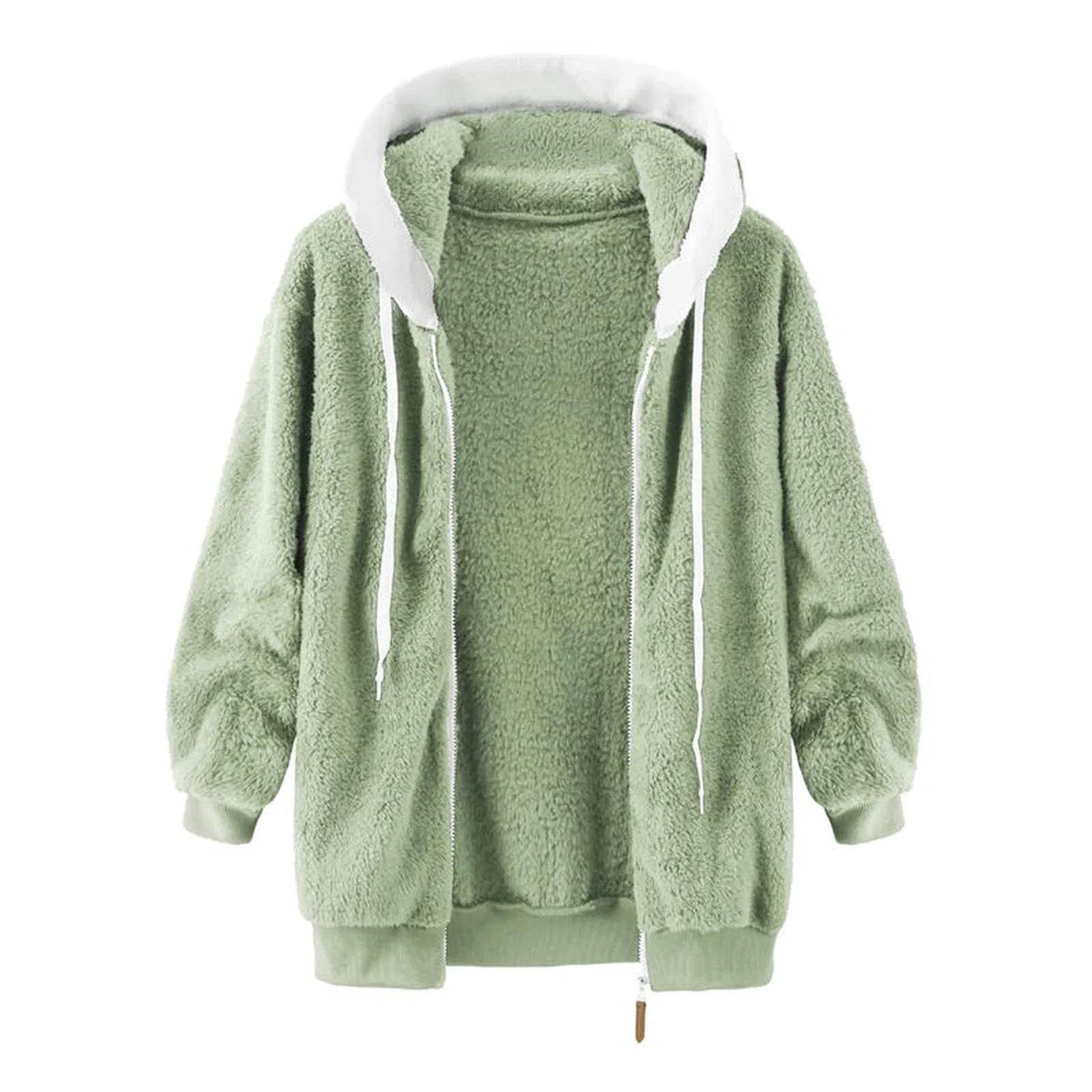 Женская куртка с капюшоном, короткая, с молнией, из флиса, green — фото 3