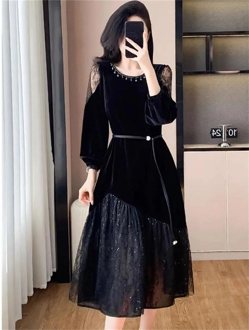 Женское велюровое платье с пайетками A-силуэта, Black — фото 2