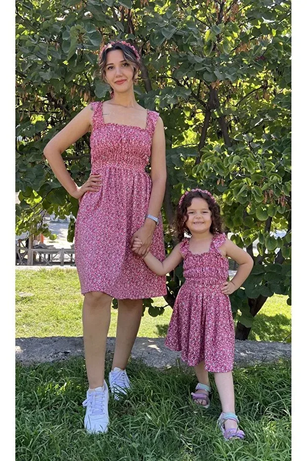 Детское платье для девочек хлопковое Summer Floral Tile Tile Mother And Daughter Combination, Generic Brands, Pink — фото 3