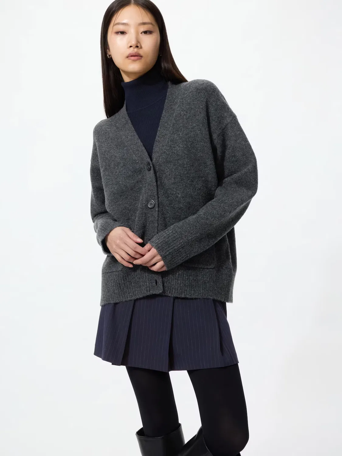 Свободный кардиган Uniqlo из пряжи «суфле», свободный крой, темно-серый
