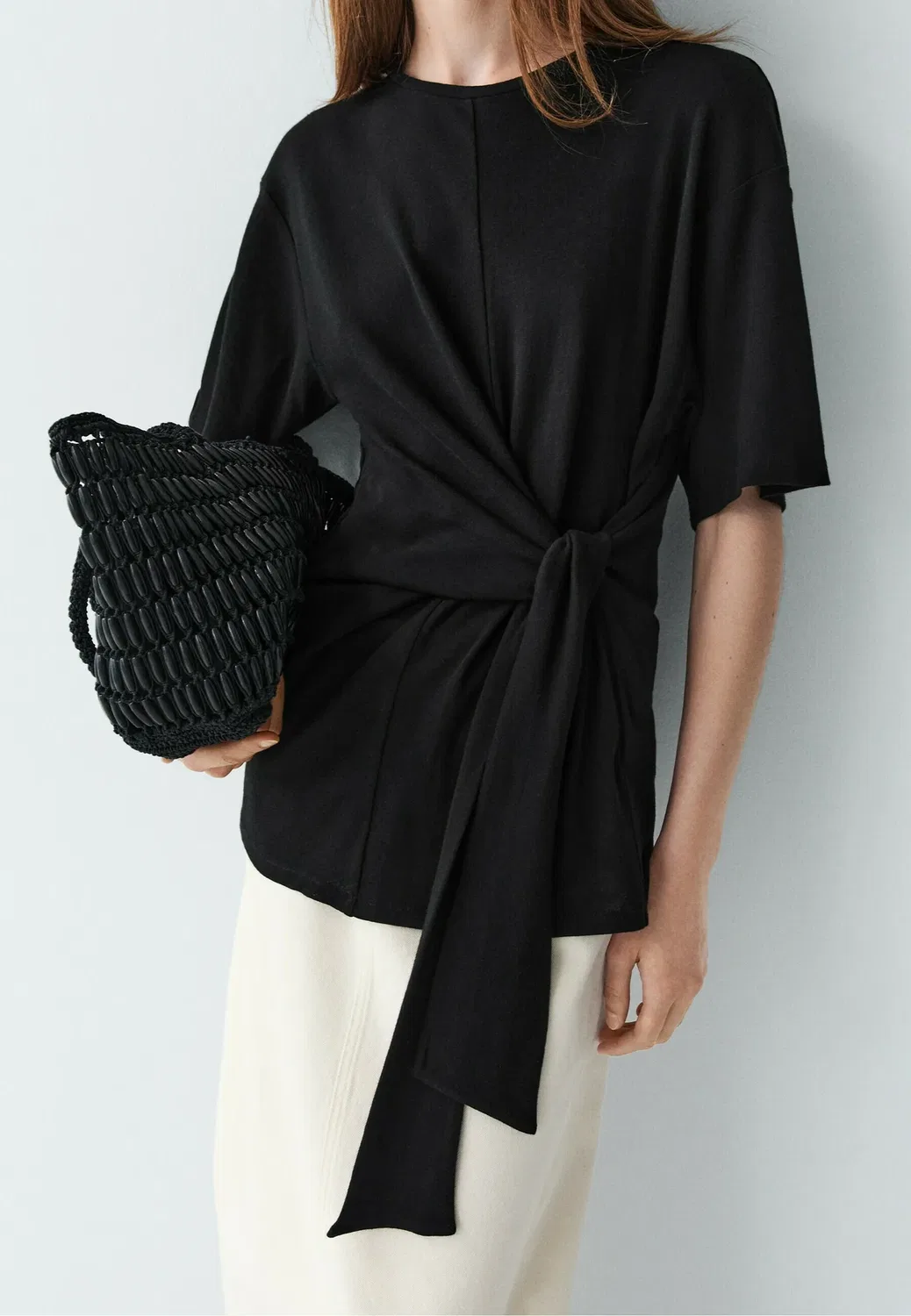 Футболка с коротким рукавом и завязкой - футболка с принтом Massimo Dutti, Black — фото 4