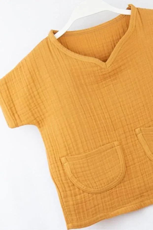 Детская футболка для мальчиков с коротким рукавом Muslin baby t-shirt pocket v-neck 100% cotton Bondilolly, Hardal — фото 2