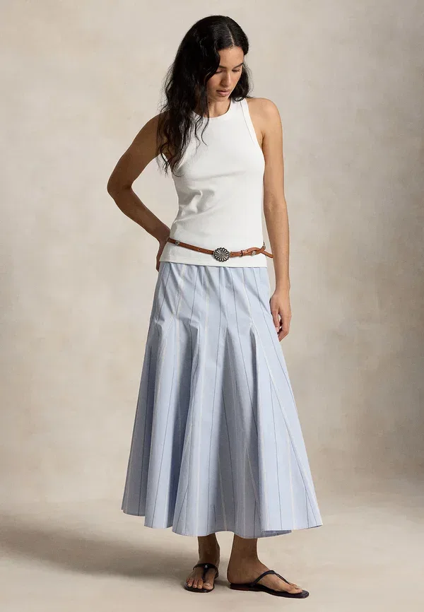 Юбка хлопковая Striped cotton a-line skirt Polo Ralph Lauren, Light Blue, светло-голубой — фото 2