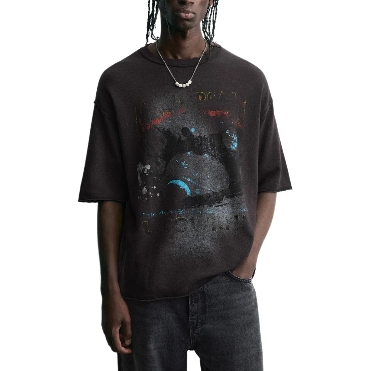 Мужская футболка с круглым вырезом, черная, ZARA, Black — фото 4