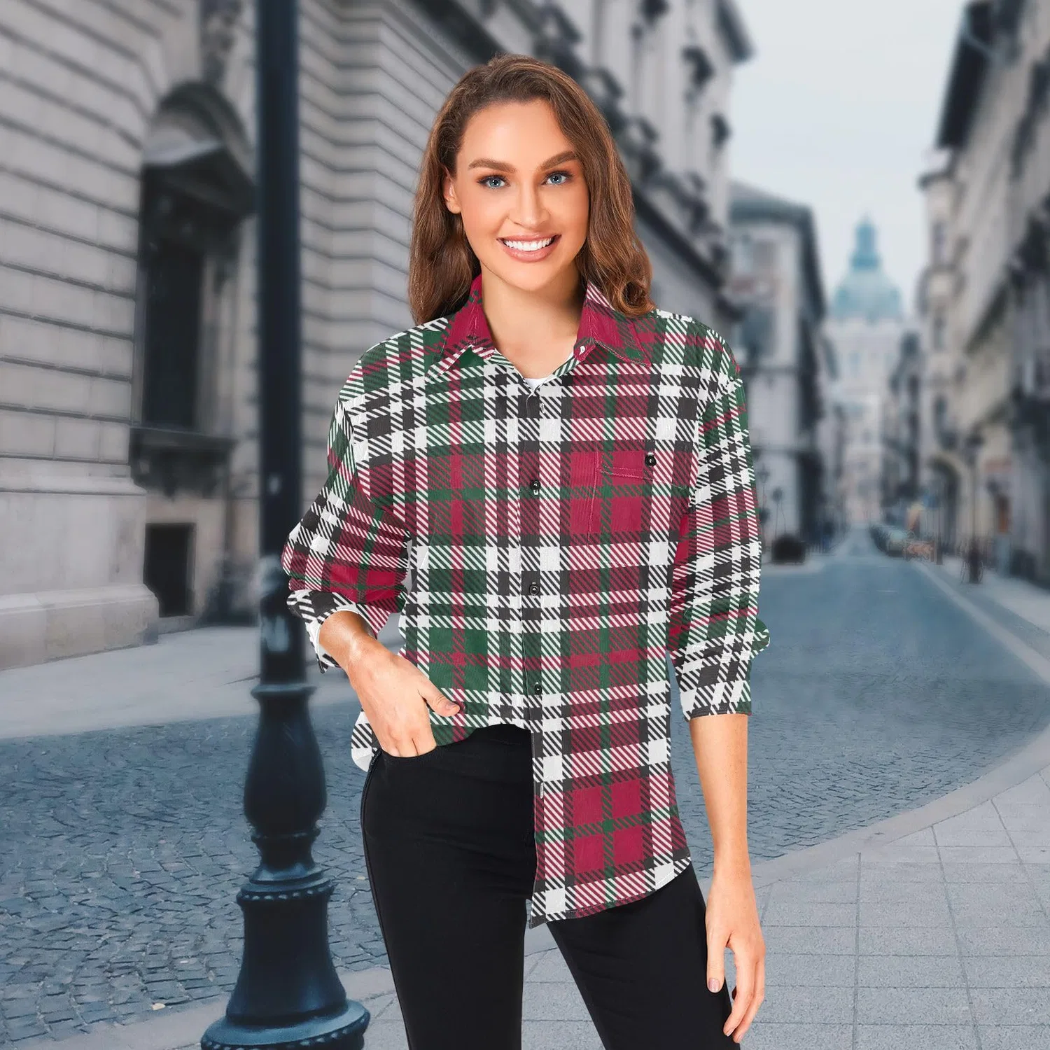 Женская куртка из вельвета с длинным рукавом и отворотами, Cool Plaid Rosso Verde — фото 3