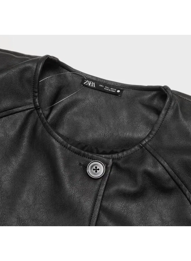 Куртка кожаная с подплечниками Zara, черный — фото 4