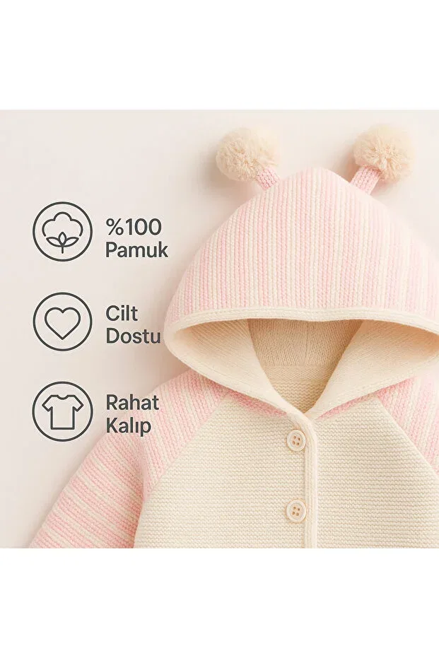 Детский кардиган с капюшоном Knitwear Hooded Double Layer Baby Girl - Boy Cardigan Coat Myzi Store, Beige-Pink Striped — фото 2