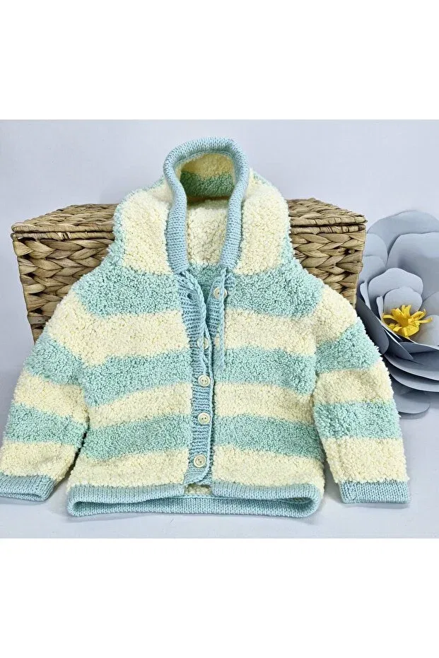 Детский кардиган для мальчиков с капюшоном Hand Knitted Hooded Boy's Cardigan Evitle, Yellow-Aqua Green