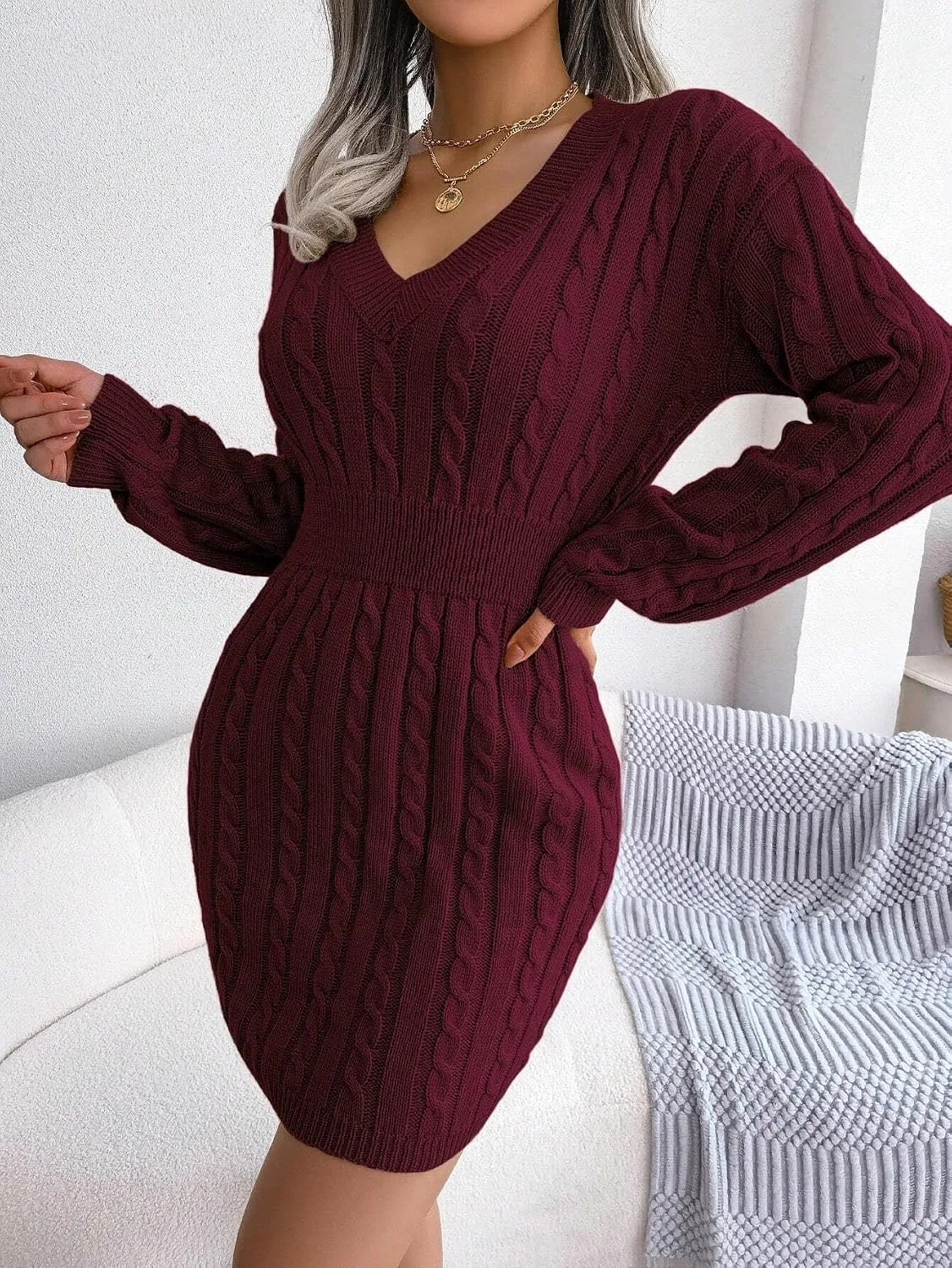 Женское платье-свитер с кабельной вязкой Drop Shoulder, Burgundy — фото 2