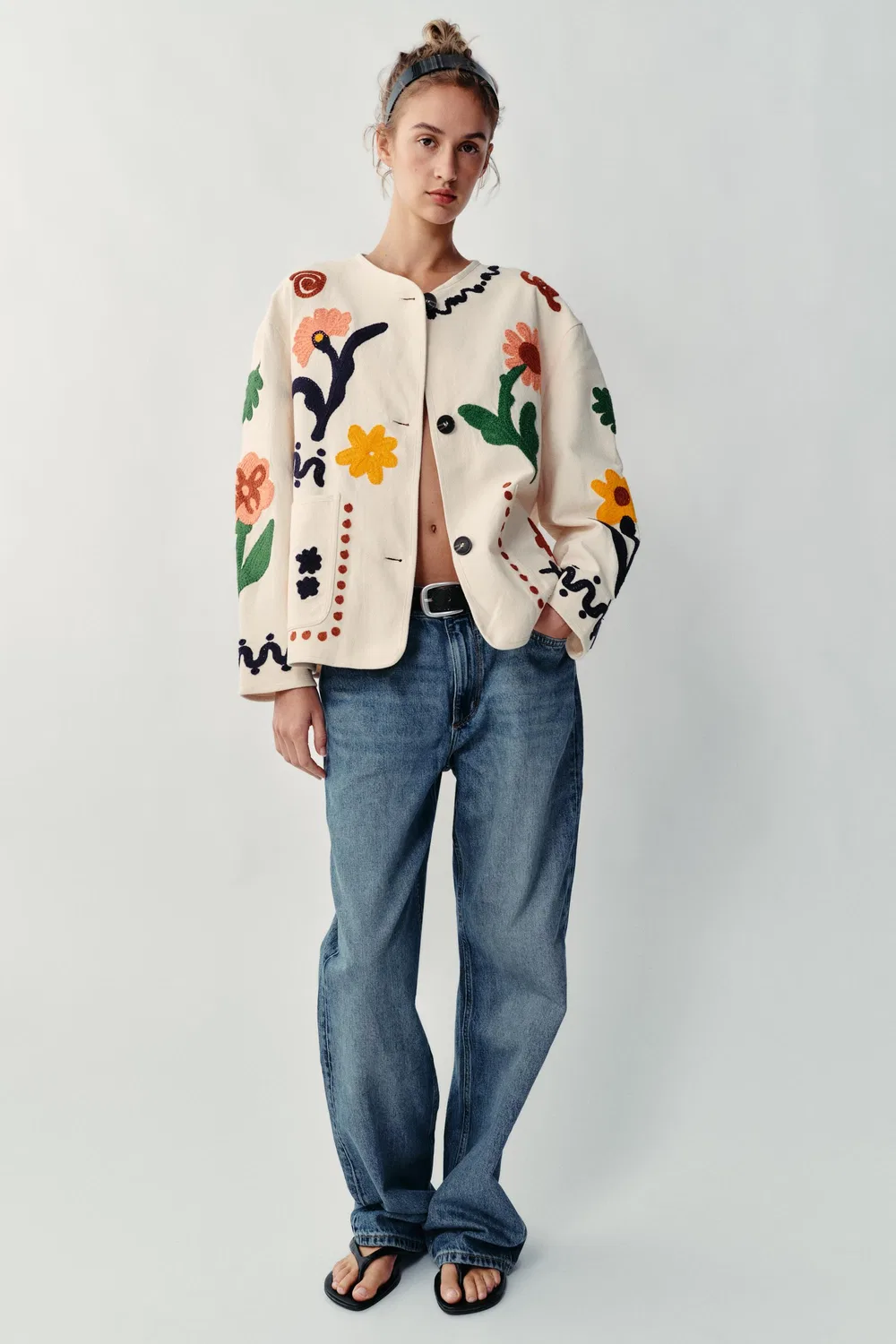 Куртка с цветочной вышивкой ZARA, Ecru