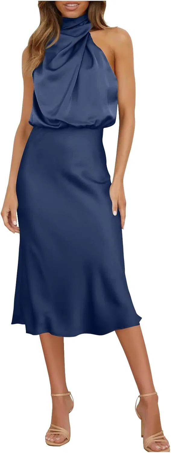 Женское коктейльное платье с разрезом сатин Satin High Split Maxi, Dark Blue
